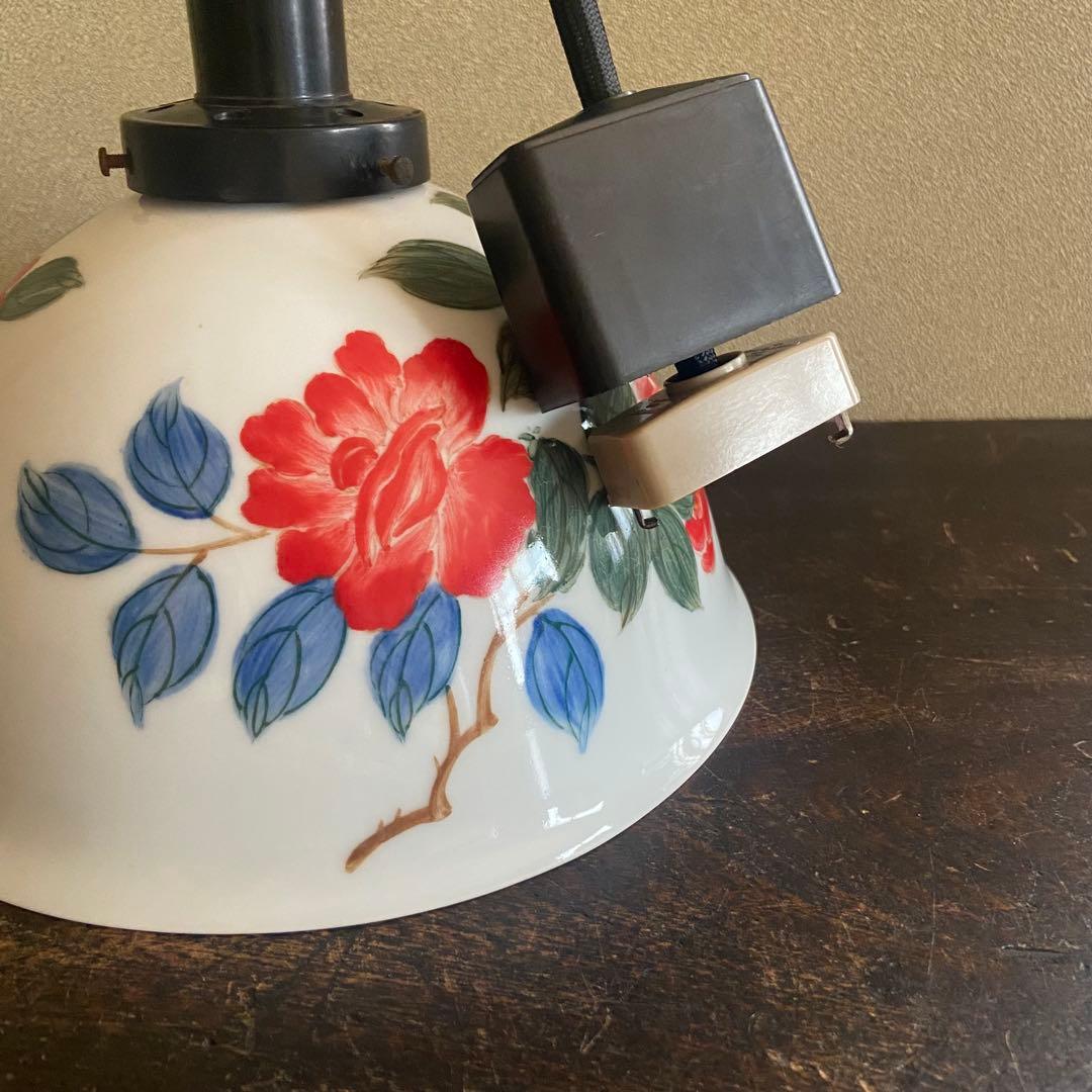 アンティーク照明　電笠　薔薇絵付　磁器シェード　ペンダントライト