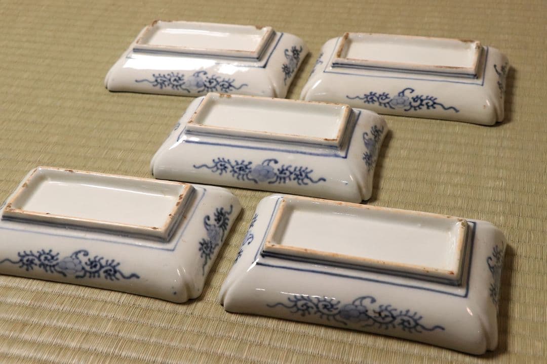 【CM50】古伊万里 色絵 長方刺身皿 角皿 五客 桐鳳凰 松竹梅 扇面 花唐草