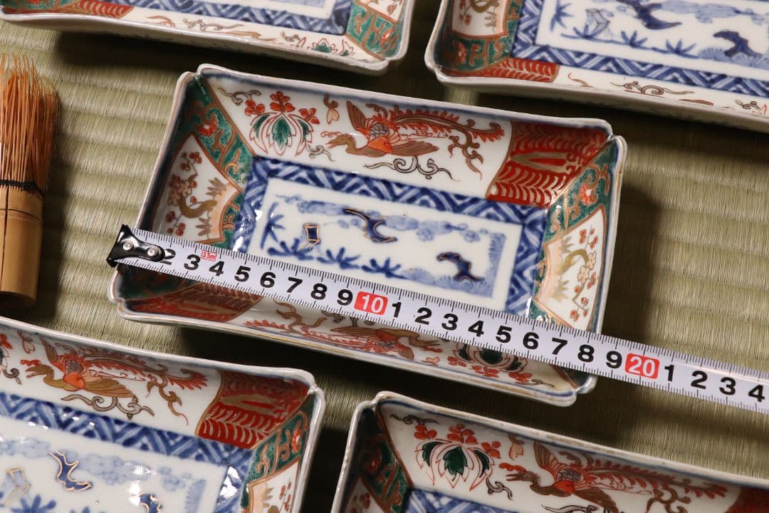 【CM50】古伊万里 色絵 長方刺身皿 角皿 五客 桐鳳凰 松竹梅 扇面 花唐草