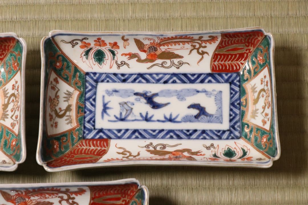 【CM50】古伊万里 色絵 長方刺身皿 角皿 五客 桐鳳凰 松竹梅 扇面 花唐草