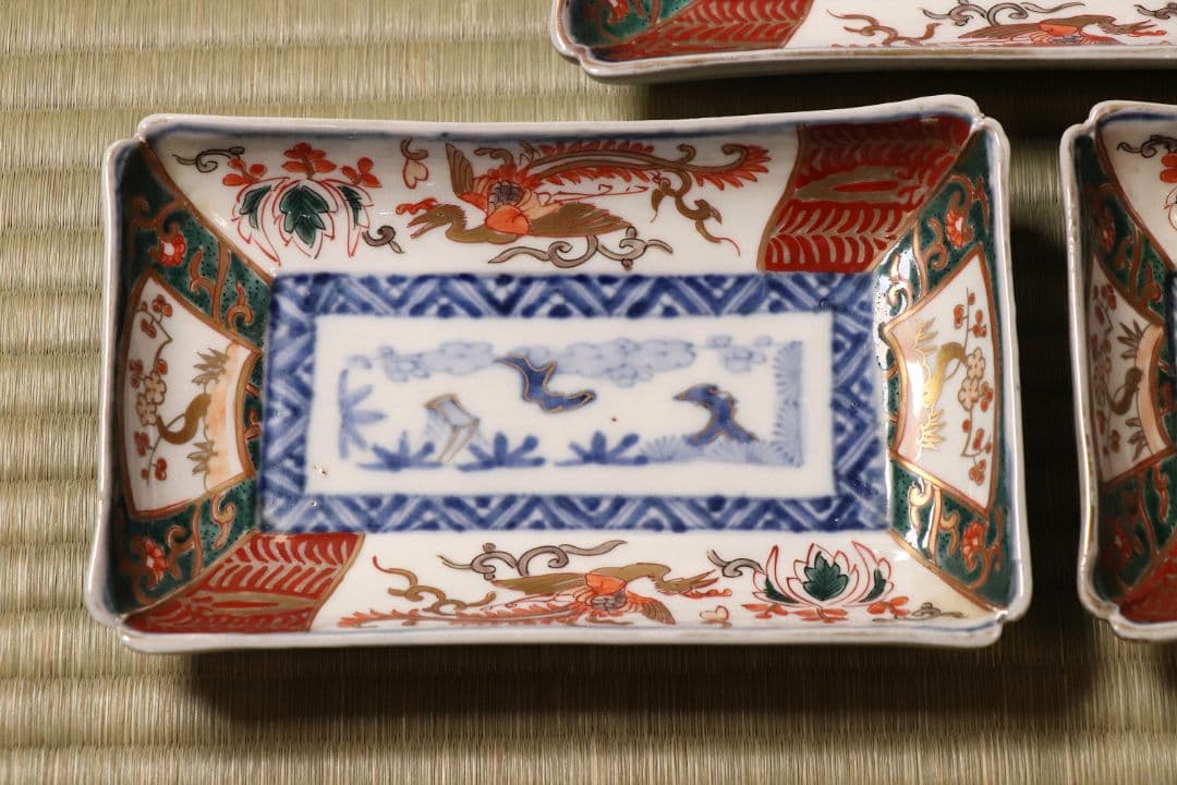 【CM50】古伊万里 色絵 長方刺身皿 角皿 五客 桐鳳凰 松竹梅 扇面 花唐草