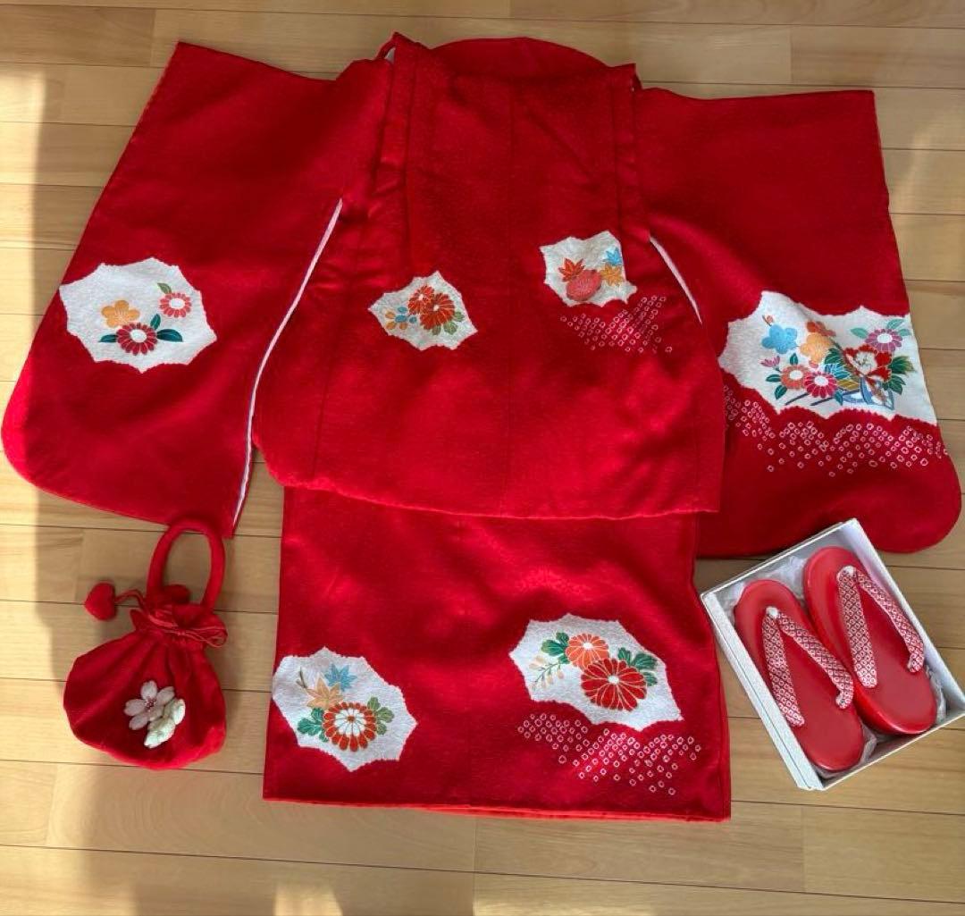 七五三　3歳　正絹　お着物セット　巾着　お草履付き