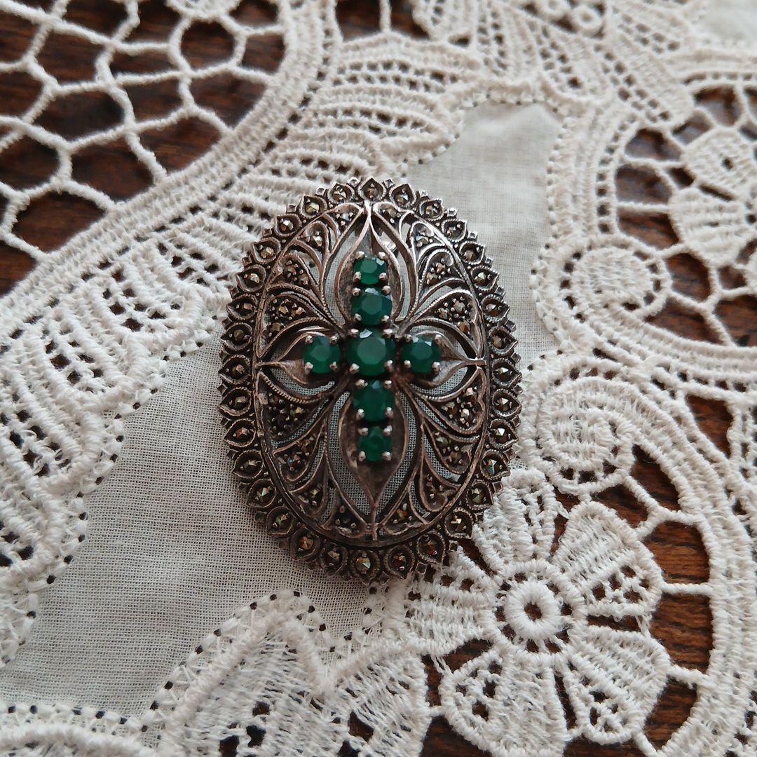 シルバー925 マーカサイト クロス デザイン ブローチ、ペンダント兼用 レトロ