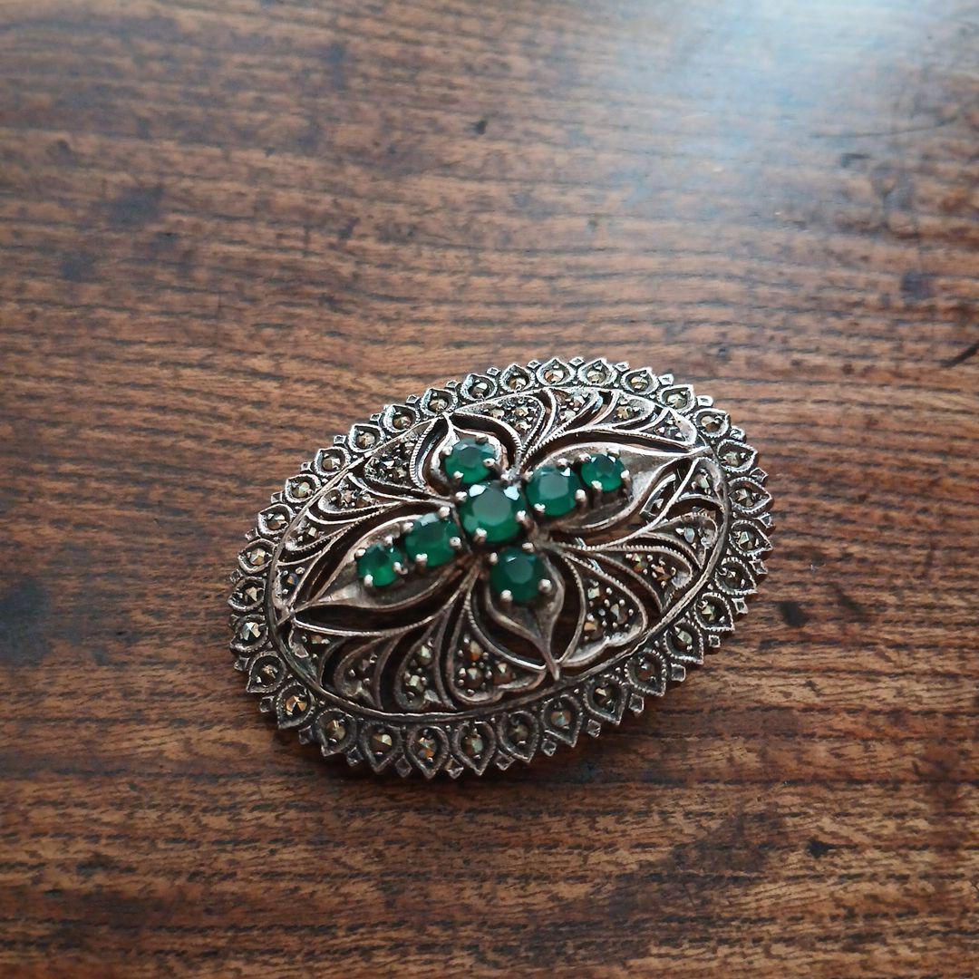 シルバー925 マーカサイト クロス デザイン ブローチ、ペンダント兼用 レトロ