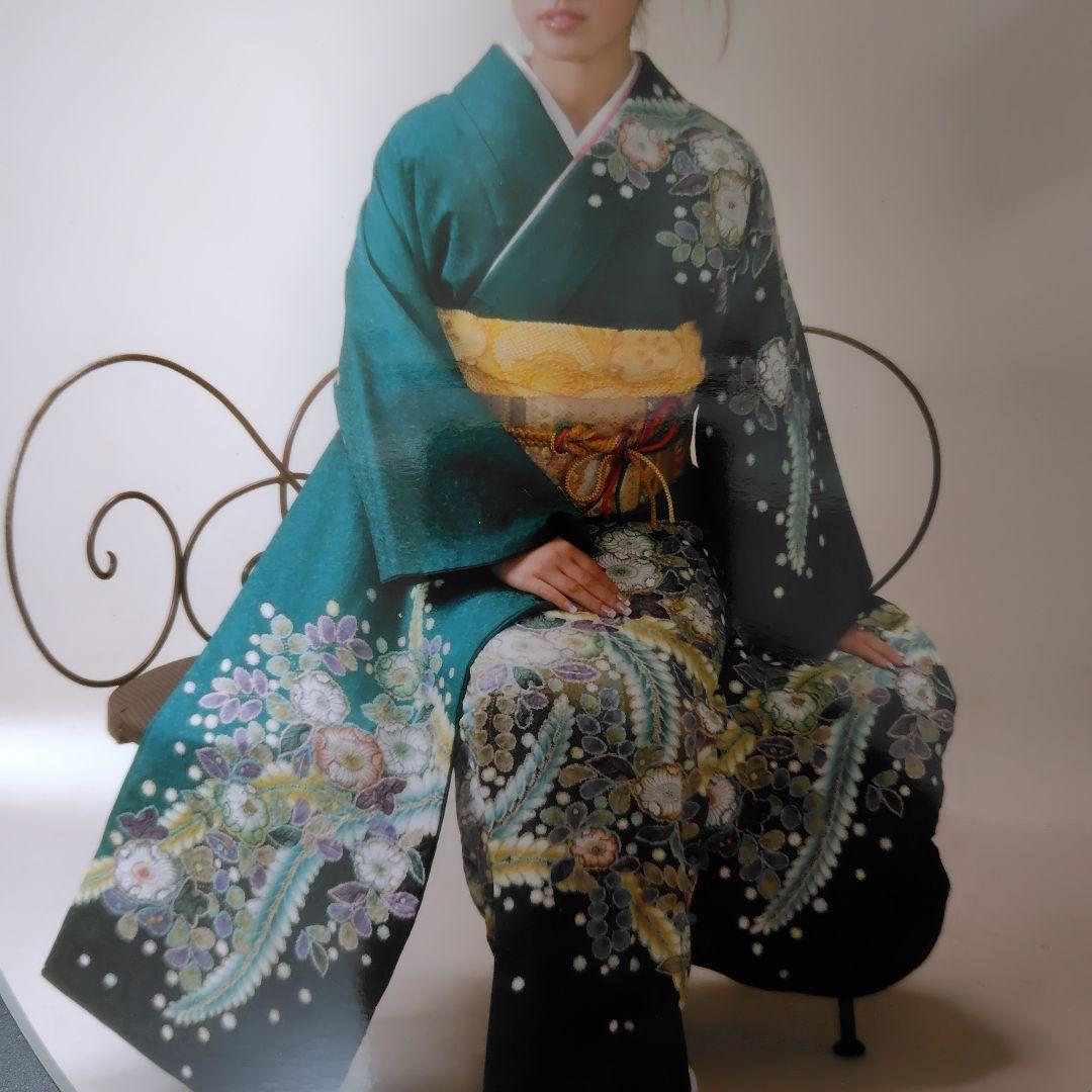 振袖 深い緑色 花柄　辻ヶ花