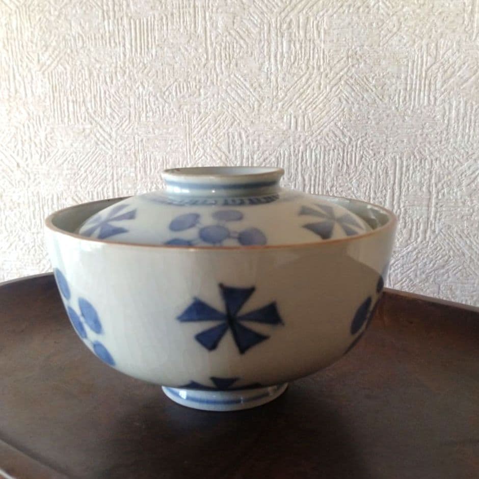 《新春セール！》古伊万里染付幾何学花文蓋付き茶碗蕎麦猪口江戸時代