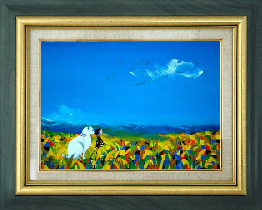 油絵 菅家令子 絵 絵画インテリア額付(銀) F4-072119 子犬猫と女の子