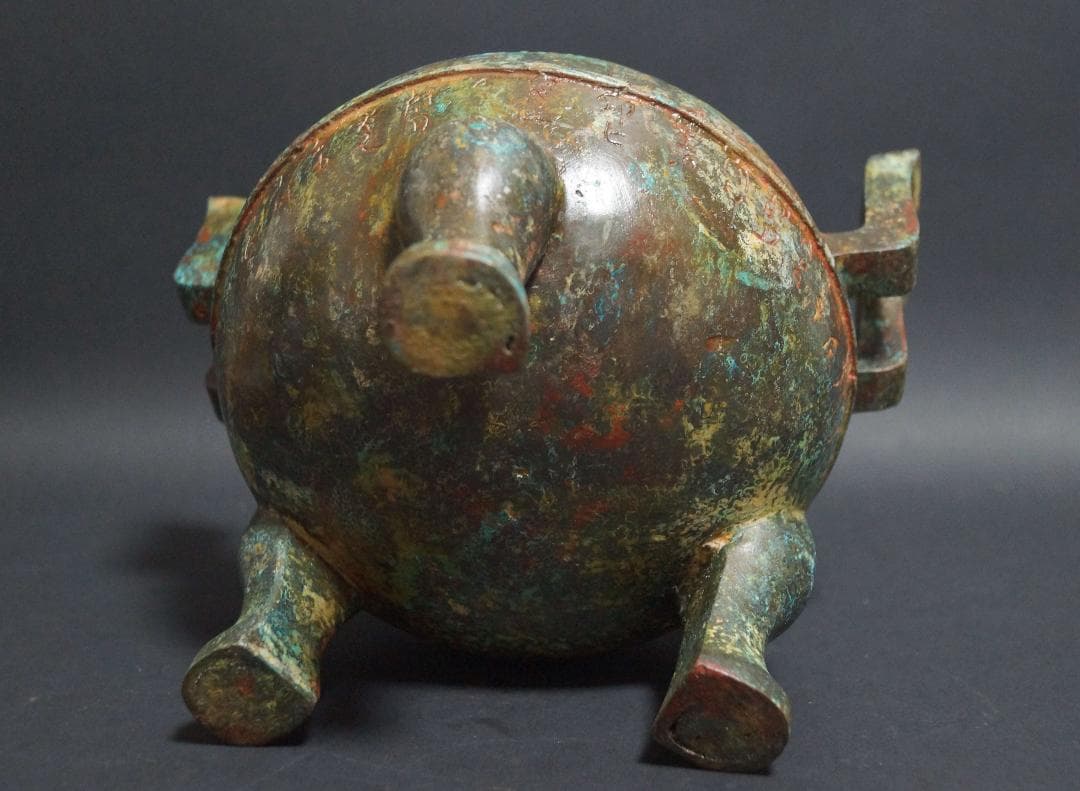 時代大型青銅製 金工細工 青銅圓鼎 銘文入 香炉三足置物 オブジェ重さ2.5kg