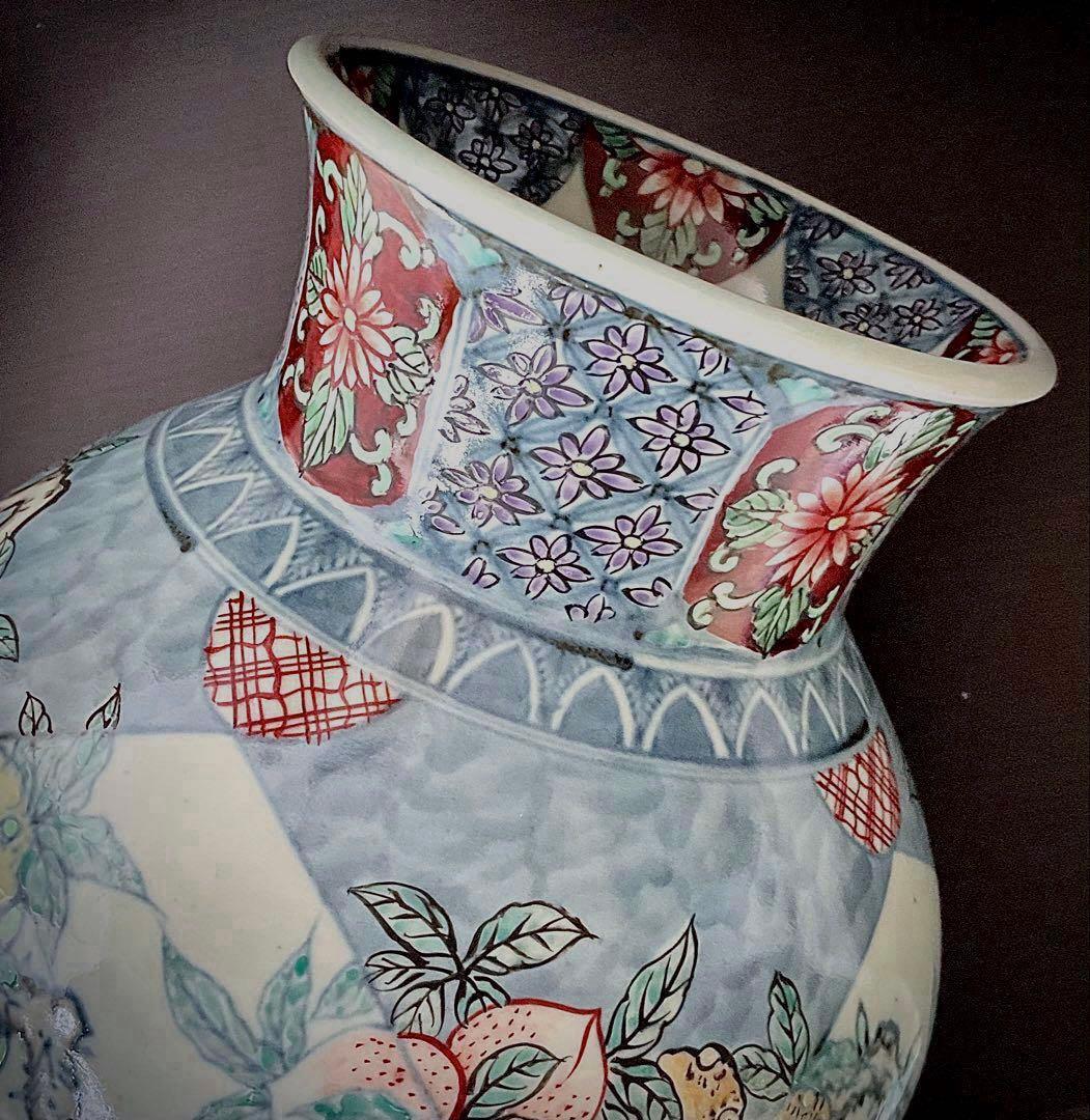 №８８３　佐藤走波（六代）　つぼor花瓶　染錦　柘榴桃絵小花菊文【極上手一点物】