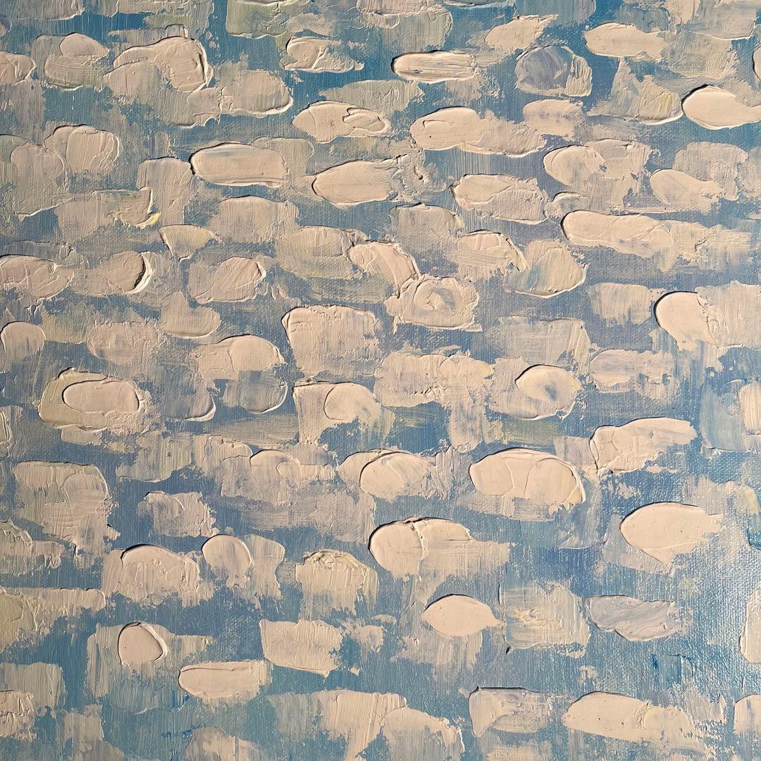 ★秀作★ 手書き油絵 スカイブルー 肉筆絵画 インテリア 油彩画