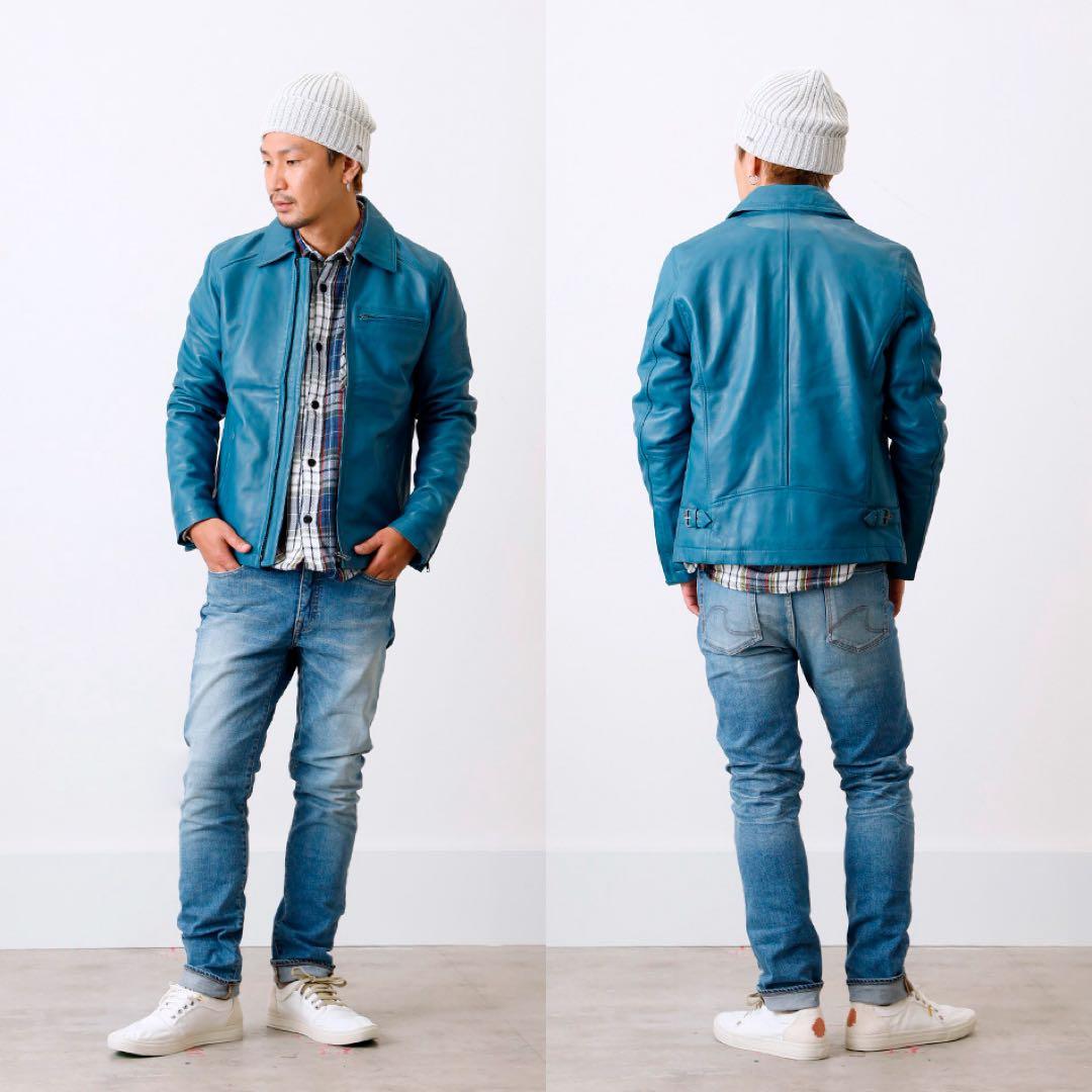 革ジャン ライダースジャケット 本革 羊革 柔らかいバイカー 襟付き　ヒース