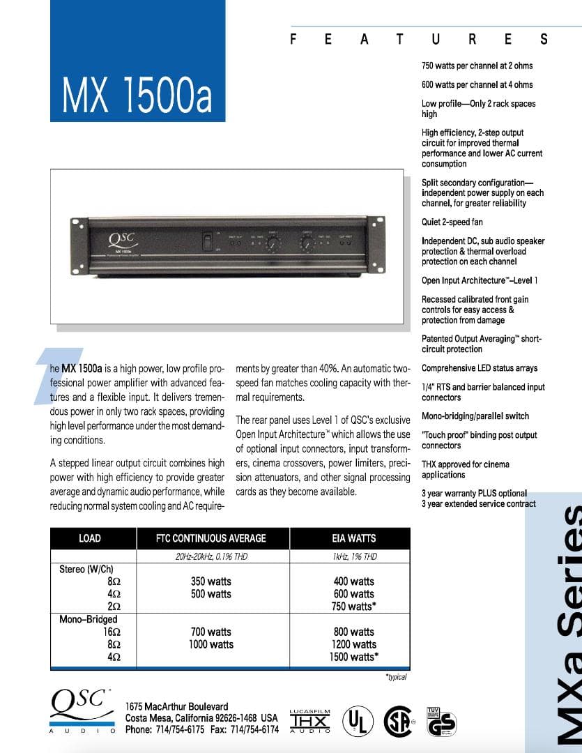 QSC MX 1500a プロフェッショナルステレオアンプ