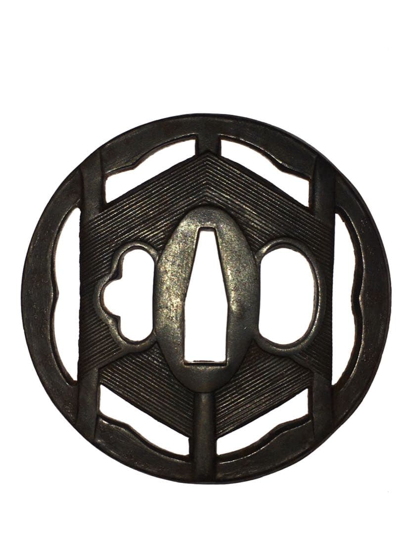 S12六角透かし鉄鍔・大小鍔一対 木箱付 武具・刀装具