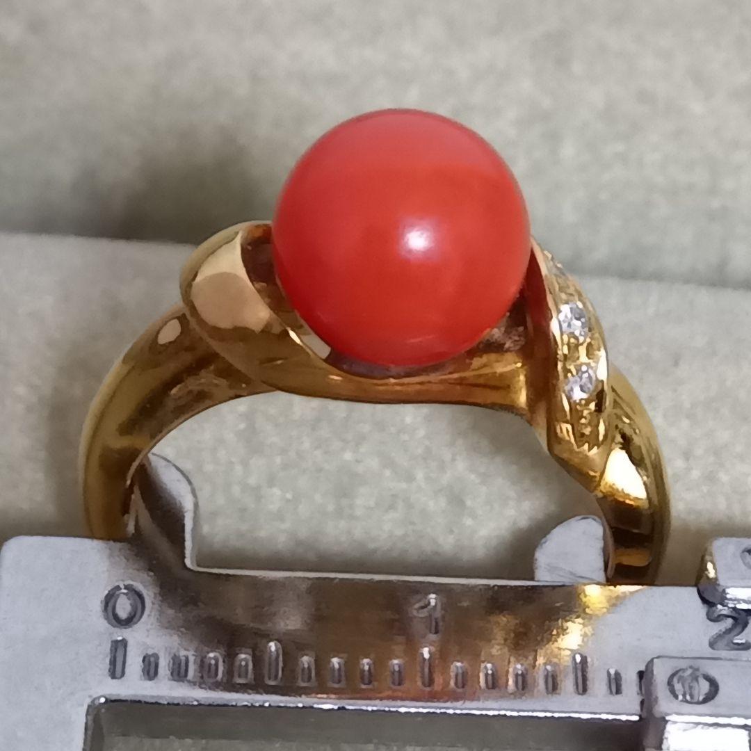 赤サンゴ珊瑚径８ミリ付　リングK１８　内径約１６mm重量合計４.６g