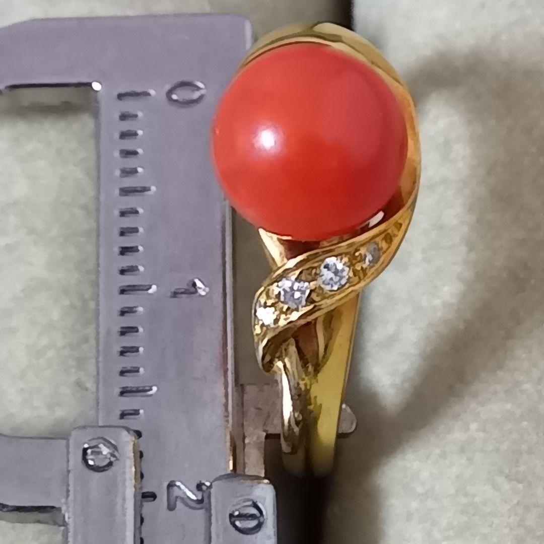 赤サンゴ珊瑚径８ミリ付　リングK１８　内径約１６mm重量合計４.６g