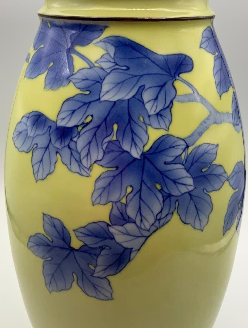 真葛香山 宮川香山 黄釉 青華 梧桐画 花瓶 共箱