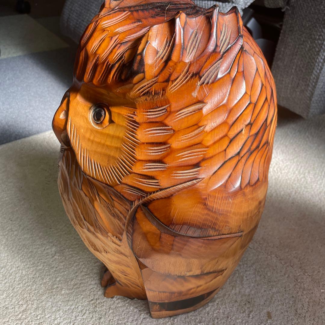 木彫り 名品フクロウ 美品希少 木彫民藝彫刻品。24