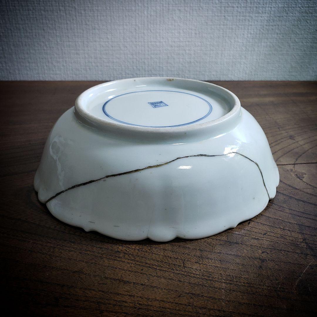 古伊万里　染付　なます皿　芙蓉手　花図　花唐草　ロ号　浅鉢　訳あり　漆継ぎ