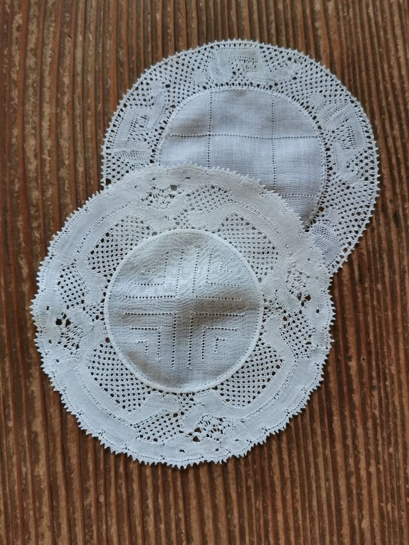 アンティークベルギー フランダースレース ドイリー 透かしクロス格子 2枚セット