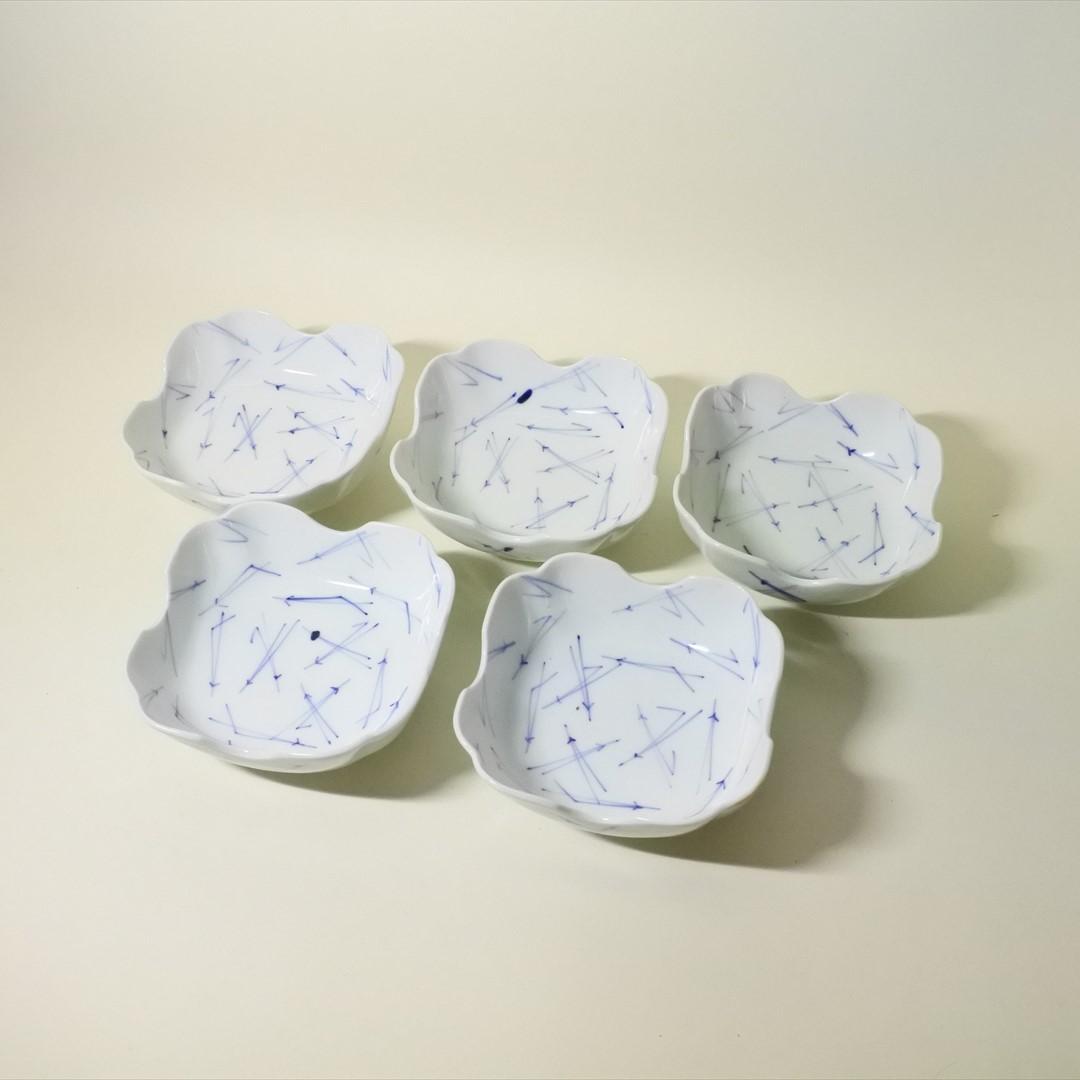 江戸末期～明治時代　伊万里　染付　折松葉　角　鉢　向付　５客組　骨董品　g