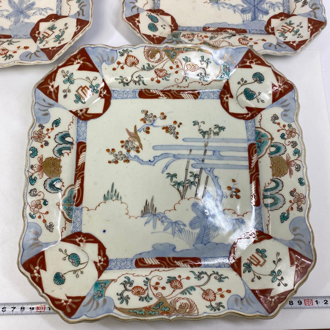 古伊万里　染錦大皿　三ツ組　共箱　タニト　東さ7-0327①