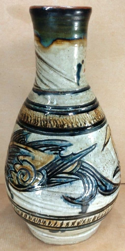 読谷初期【本物保証】金城次郎 魚紋花瓶 共箱 本人書付 h33㎝超 栞 人間国宝