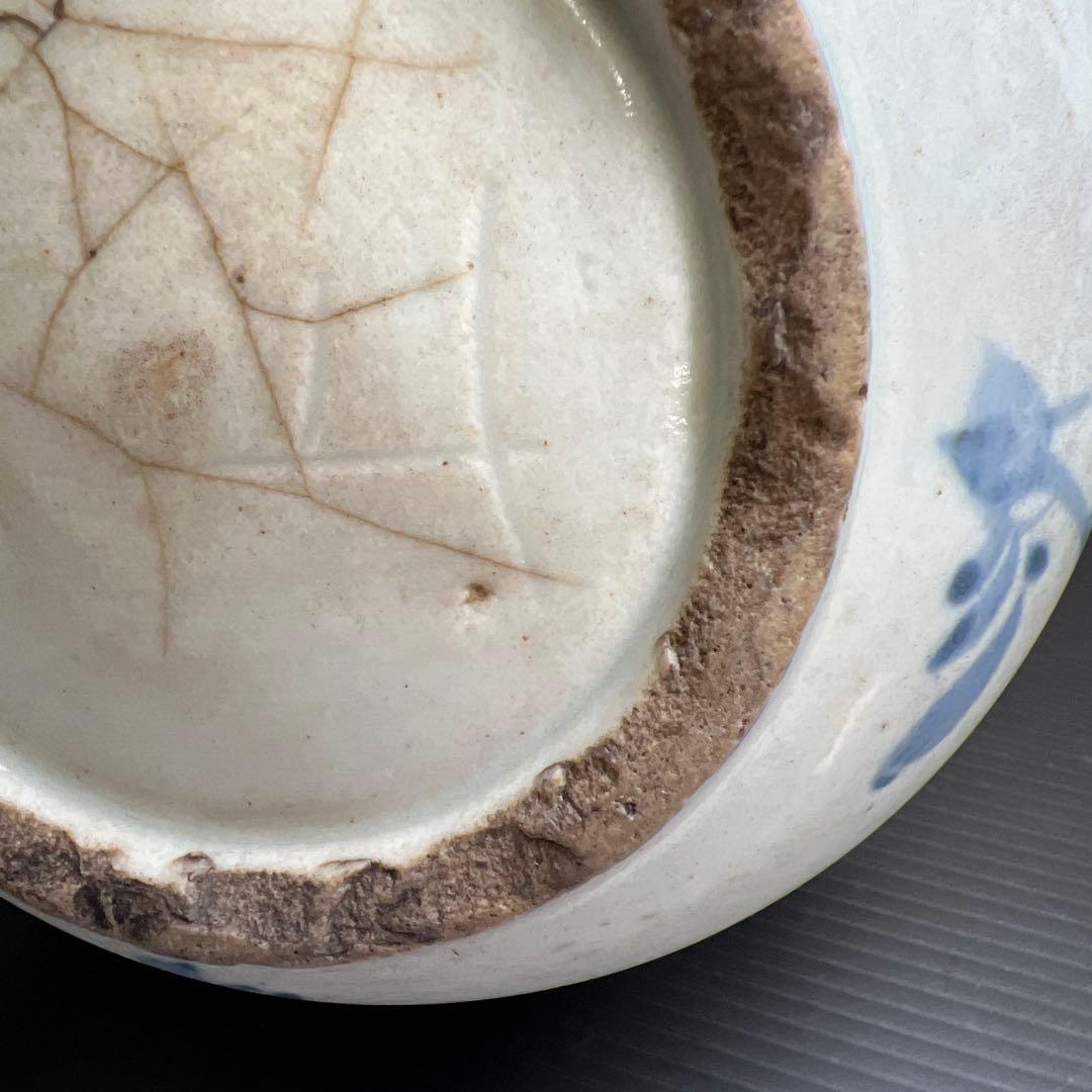 李朝中期　分院　染付コウモリ花文鉢　木箱付　口径15.7㎝　東Y7-1016②