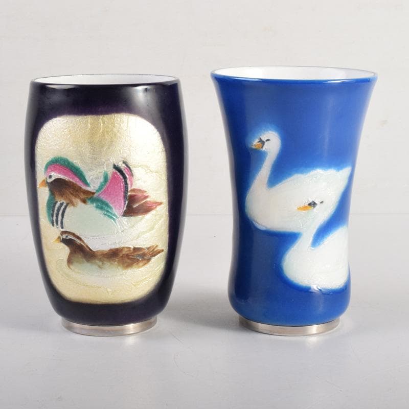 七宝焼　双鳥図　コップ　ビアグラス　2点　箱付　V　8278