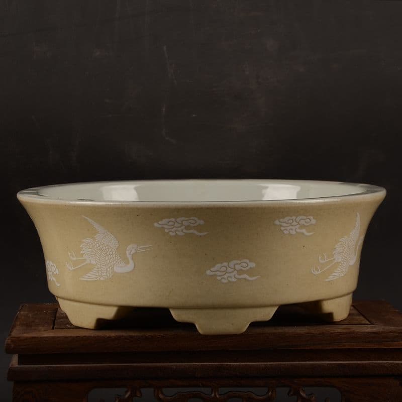 黄地に鶴紋 円形 筆洗い 水仙鉢 工芸品 置物