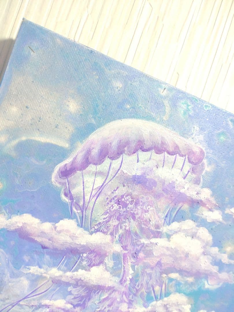 クラゲの油絵【浮遊】作者サイン入り/真作/F3号キャンバス