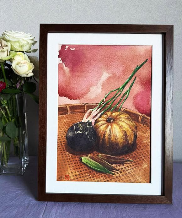水彩アート「夏野菜　Ⅰ」1点物、手描き、真筆。
