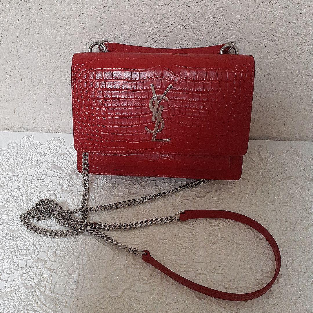 YSL サンローラン 赤 ショルダーバッグ クロコダイル