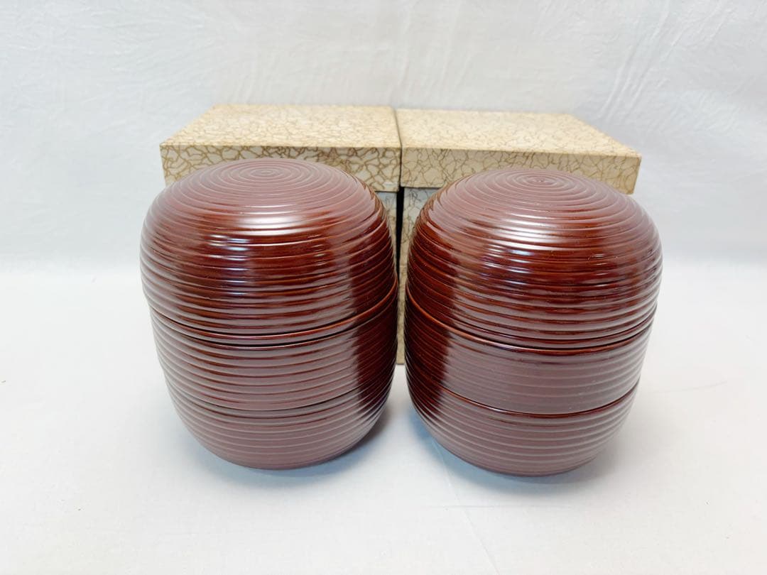 未使用 茶道具 木製溜塗 信玄三段弁当 2客揃 千筋 内朱 紙箱