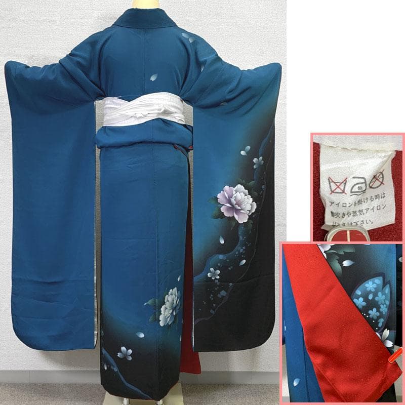 511z19〇振袖 モダン 牡丹 桜 青 白〇状態良好 成人式 結婚式