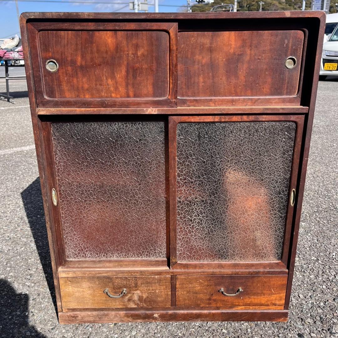 K◇ 茶箪笥 茶棚 無垢材 すり硝子 アンティーク ヴィンテージ 古家具 古民家