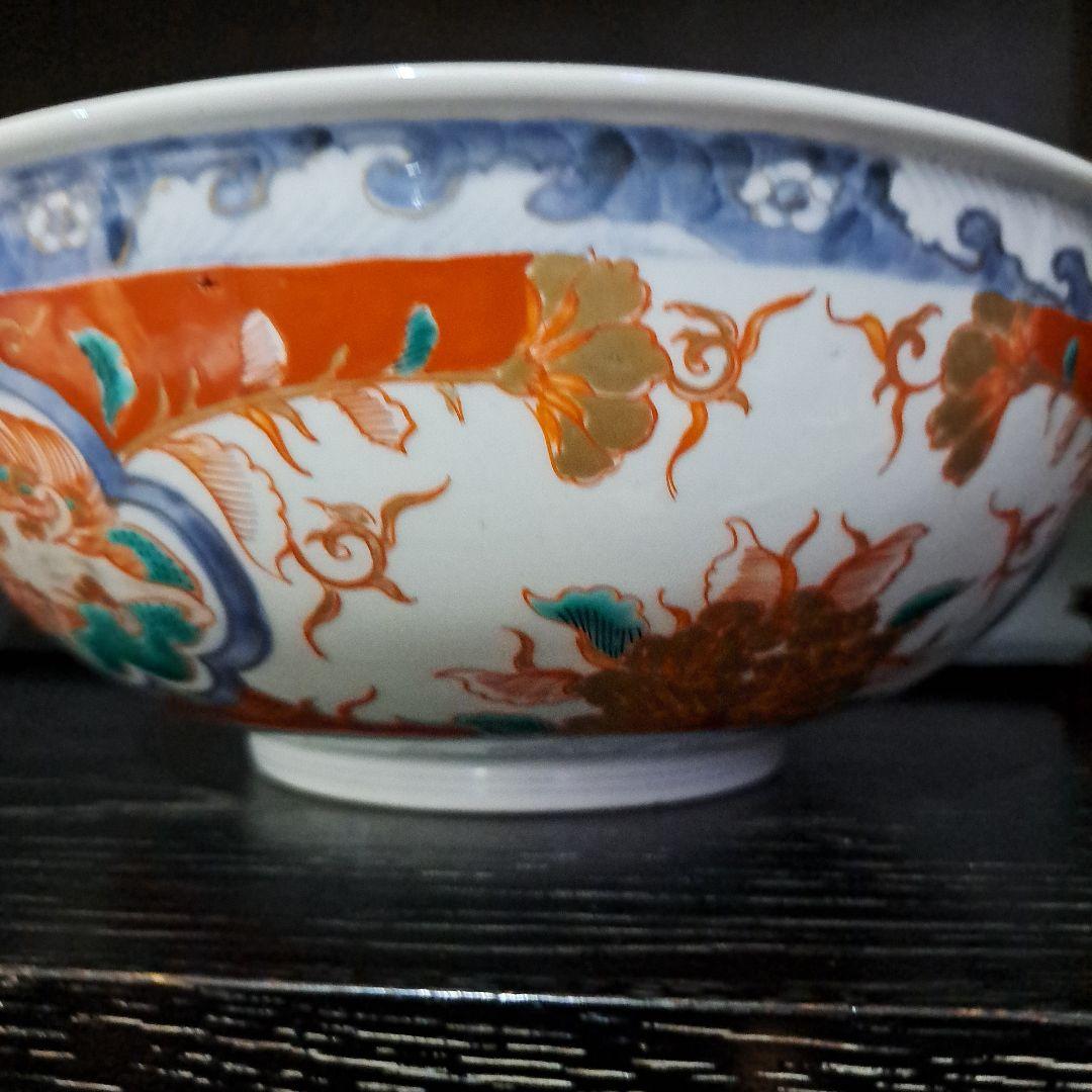 江戸中期　赤絵金彩　染錦　７寸中鉢　富貴長春　花窓 獅子図