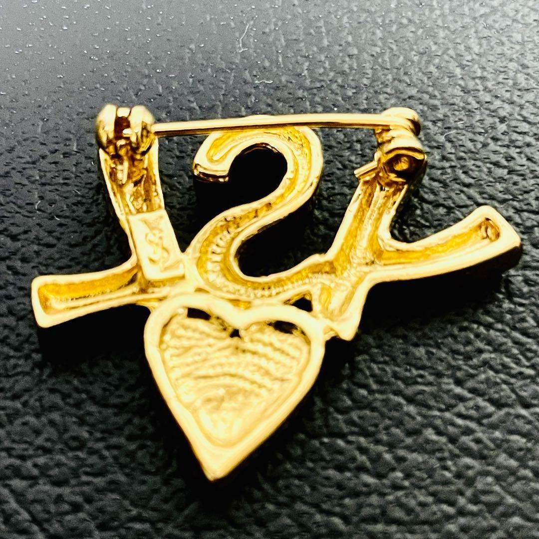 【美品/刻印】サンローラン YSL ロゴ ハート ピカピカ ブローチ ゴールド