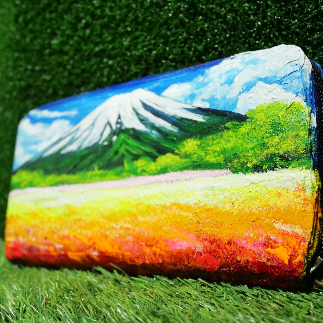 油絵 絵画　長財布【お花畑と満月の富士山】