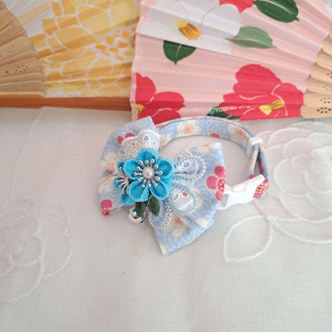 お正月、つまみ細工リボン(水色)わんちゃん猫ちゃん用首輪