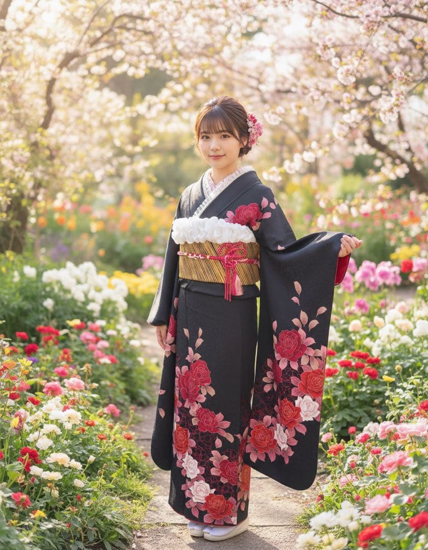 豪華　未使用に近い　黒地バラ刺繍振袖フルセット　成人式　パールトーン加工
