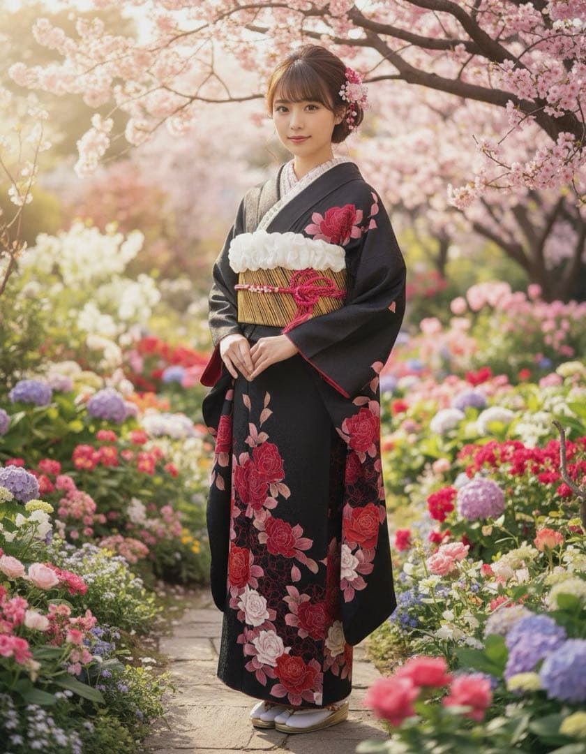 豪華　未使用に近い　黒地バラ刺繍振袖フルセット　成人式　パールトーン加工