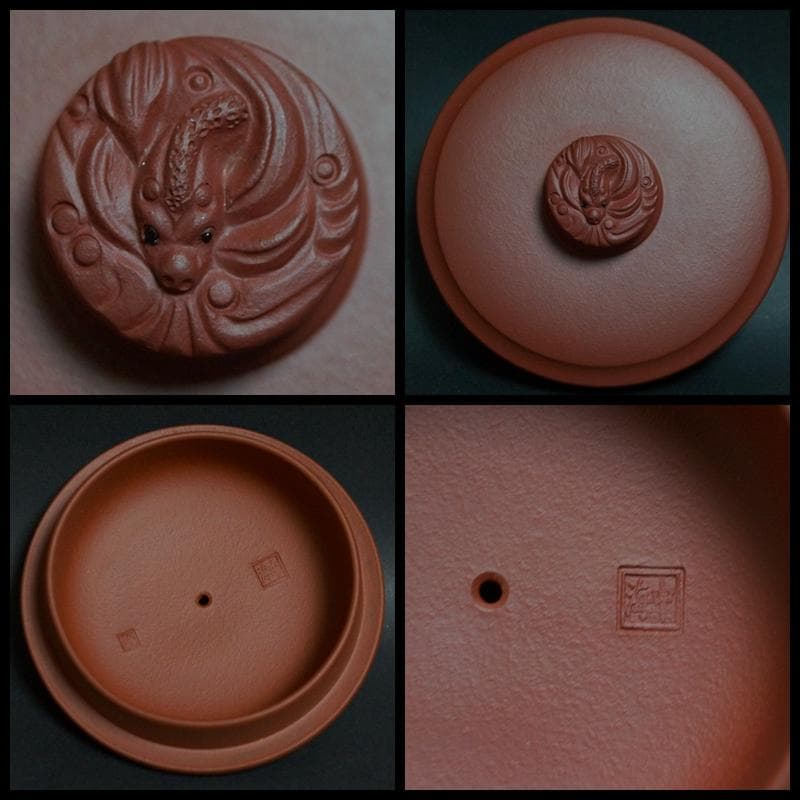 工芸美術師 許海中造 朱泥茶器 細密彫『山水風景図』蓋/持ち手付 龍摘 紫砂共箱