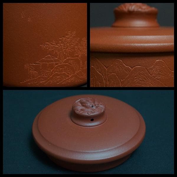 工芸美術師 許海中造 朱泥茶器 細密彫『山水風景図』蓋/持ち手付 龍摘 紫砂共箱