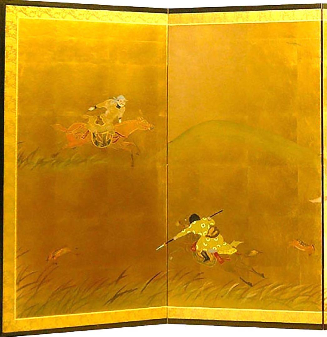 四つ折り屏風　日本画　金箔彩色　蒙古襲来図