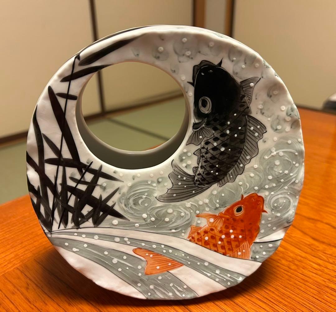 九谷焼　花器　花瓶　夫婦鯉