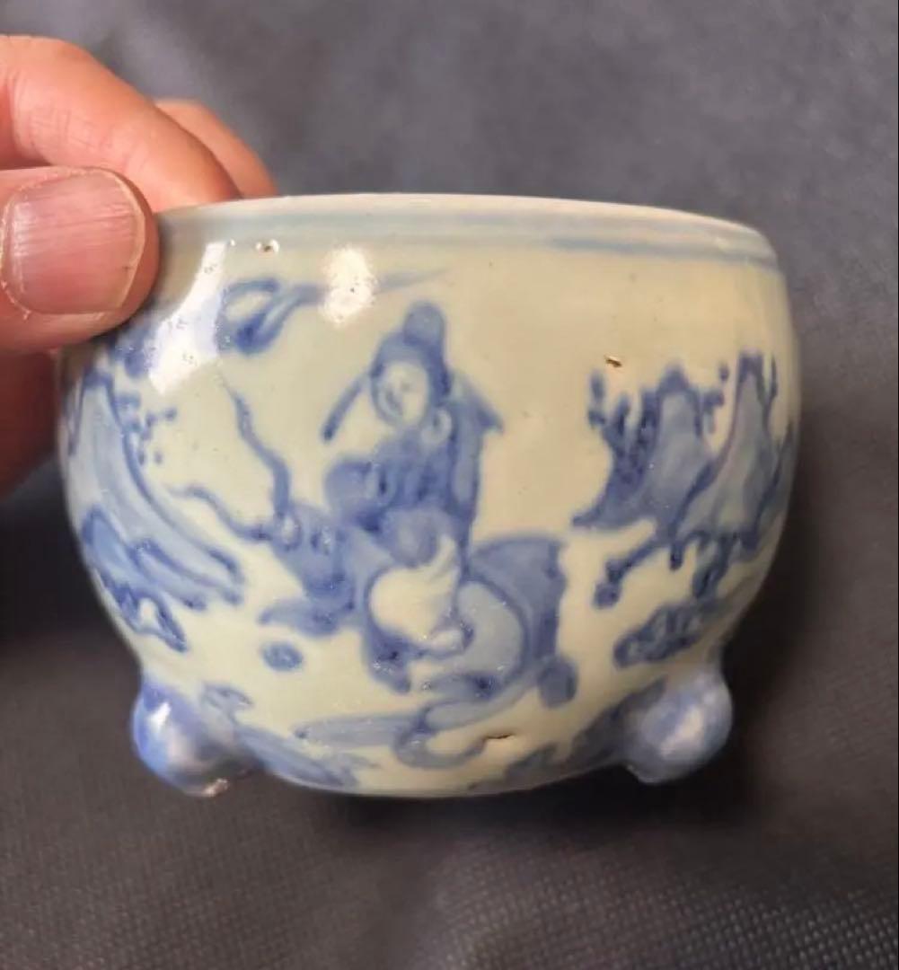 中国古美術品　明の時代 染付 青花　仙人神獣文　香炉10✖️8cm