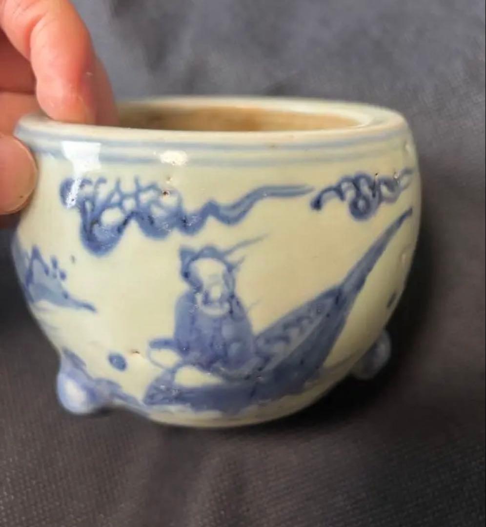 中国古美術品　明の時代 染付 青花　仙人神獣文　香炉10✖️8cm