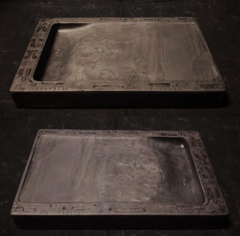 ■端渓硯■饕餮文彫琢の長方硯■玳瑁班・青花・金線■約8吋■古い合木箱