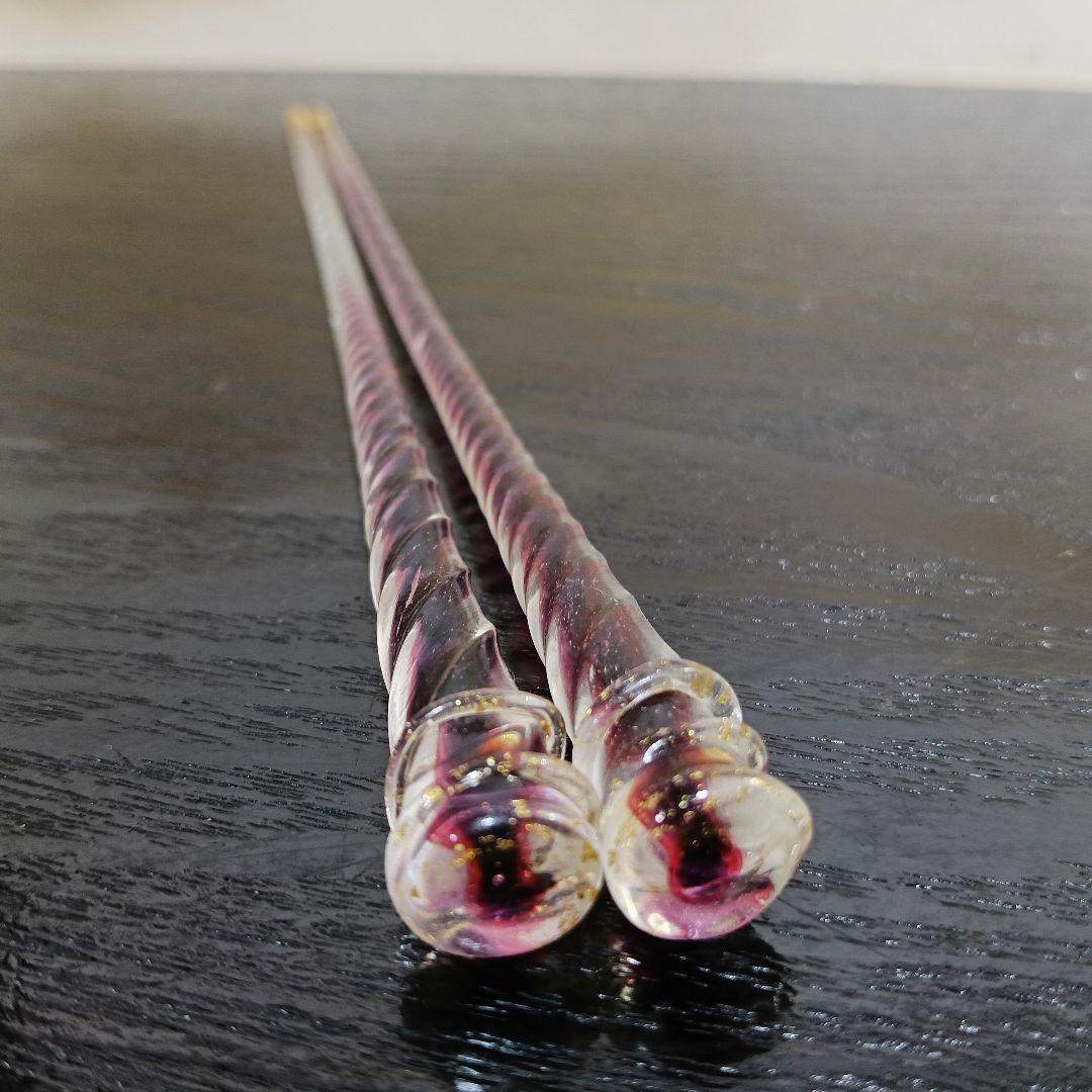 AN86 ギヤマン 箸 ガラス箸 ひねりガラス 金彩 菓子箸 茶懐石ピンク紫 箱