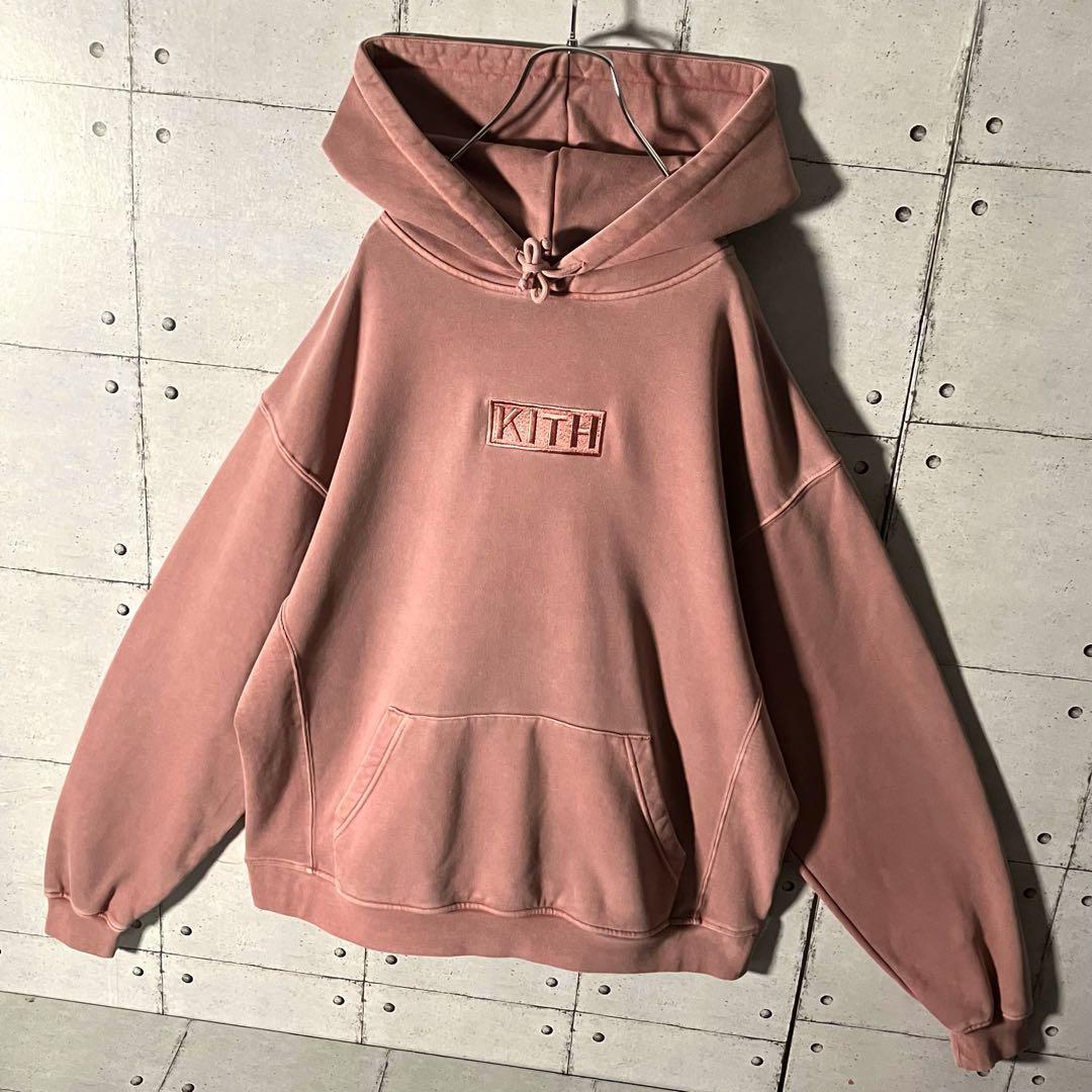 【鬼レア】KITHキス☆刺繍ボックスロゴ スウェットパーカーLウォッシュ加工